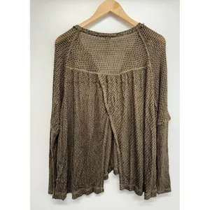 Free People We The Free Olive Green‎ Waffle Knit Split Back Thermal Top XS thumbnail 4