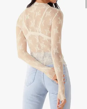 Nude Lace Long Sleeve Top Tan Size M thumbnail 2