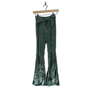 Oh Polly Devore Burnout Velvet Botanical Flare Pants Olive Green Boho Size 2 thumbnail 3