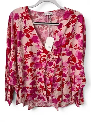 Emily Wonder Floral V-Neck Pink & Fuchsia Blouse NWT thumbnail 1