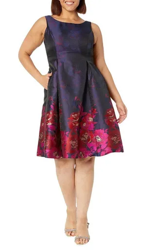 NWT Adrianna Papell Pleated Floral Jacquard Dress Navy Blue / Pink Multi 6 thumbnail 1