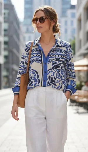 ZARA Blue & White Patterned Satin Button-Down 💙✨ thumbnail 1