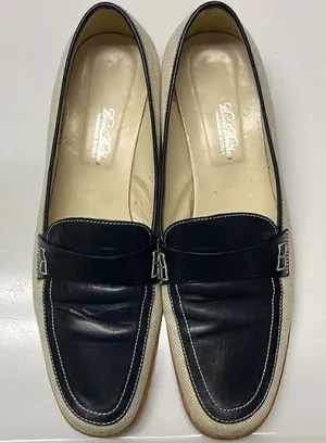 Brooks Brothers Beige Navy Twill and Leather Classic Slip-On Loafers- Size 8 thumbnail 1