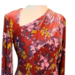 London Times Size 6 Rust Floral Velvet Asymmetric Neck Long Sleeve Flounce Dress thumbnail 2