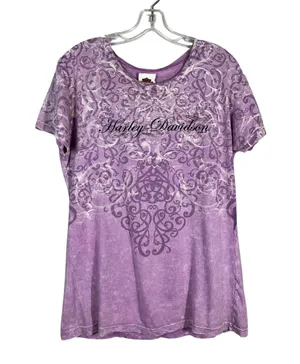 Harley Davidson Y2K Purple Leopard Print Fitted Script Logo Biker T-Shirt Large thumbnail 1