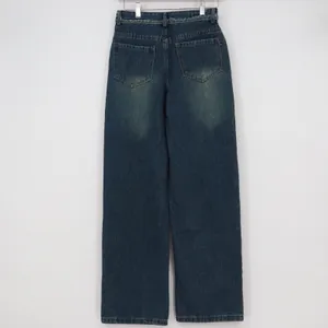 Dark Wash Wide Leg High Waisted Jeans Frayed Waistband Detail Small thumbnail 3