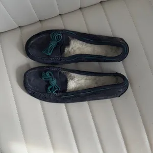 UGG Navy Suede Shearling Moccasins with Teal Bow Trim thumbnail 3