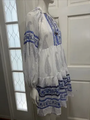 Oliphant 100% Cotton Balloon Sleeve Short Dress | Santorini Blue | Size XS💙 thumbnail 9