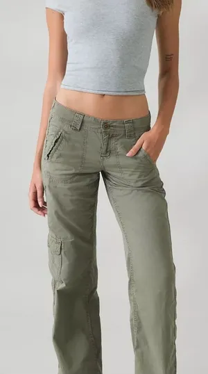 Olive Wide-Leg Cargo Jeans for Women - Comfortable Everyday Fit thumbnail 1