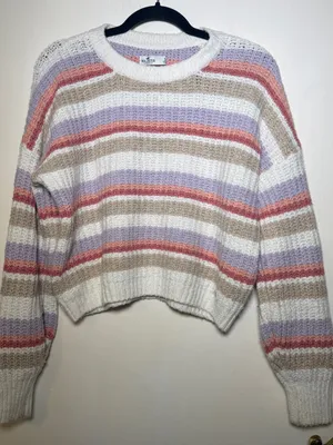 Hollister Women's Cropped Striped Knit Sweater - White with Pastel Stripes Small thumbnail 1