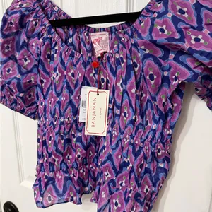 NWT Banjanan‎ Halo Cotton Top Blouse Abstract Print Smocked Puff Sleeve Purple M thumbnail 4
