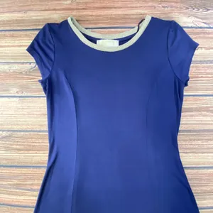 Michael Kors Navy Blue Flared Dress Size Small Short Sleeve Gold Trim thumbnail 2