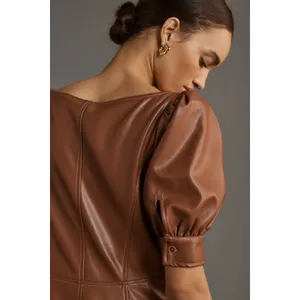NWT By Anthropologie Vegan Leather Puff Sleeve Zip Front Midi Dress Size 2 Brown thumbnail 13