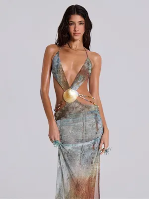 Jaded London Vida Backless Maxi Dress With Shell Trim in Marine XS thumbnail 6