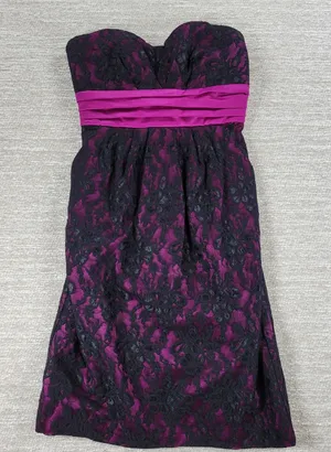 Sequin Hearts Lace Mini Prom Dress Womens 5 Purple Sash Strapless Cocktail Party thumbnail 1