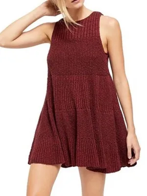 Free People Womens XS Waterfall Ruffle Knit Mini Sleeveless Dress Burgundy Combo thumbnail 1
