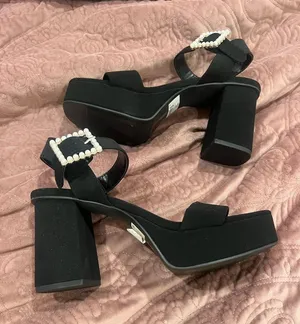 Windsor Black Platform Block Heel Sandals with Pearl Buckle thumbnail 1