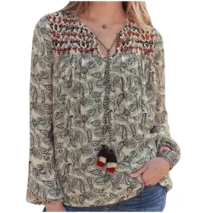 Sundance Paisley Peasant Blouse Smocked Detail & Tassels Womens L boho casual thumbnail 4