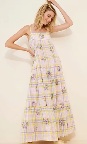 Anthropologie Payal Pratap Pastel Yellow & Pink Floral Plaid Maxi Dress thumbnail 1