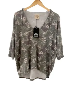 Chaser Vintage‎ Tropical Print V Neck Hooded Sweatshirt Size Medium thumbnail 1