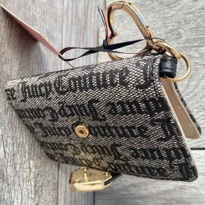 Juicy Couture Black Beige Monogram Tab Card Wallet with Heart Keychain Charm thumbnail 5