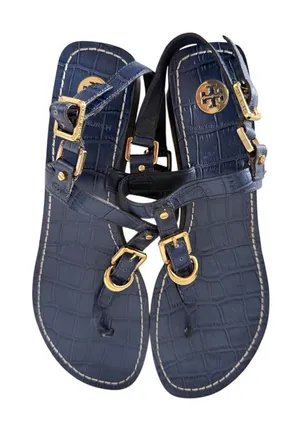 Tory Burch Leather Thong Sandals Women's 9.5 Navy Croc Embossed Gold Buckle thumbnail 1