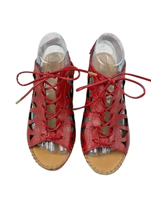 *Lobo Solo Red Leather Sandals Womens Size US Size 9 Lace Up Boho Laser Cut Out thumbnail 2