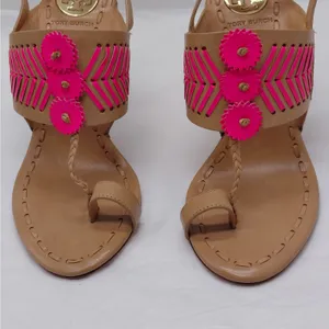 Tory Burch Womens High Heel Sandals Size 7.5 Tan Pink Leather Party Night Out thumbnail 4