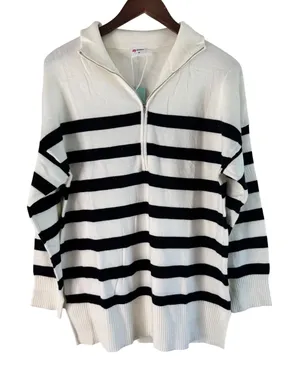 WIHOLL‎ Striped Pullover Sweater Quarter Zip Tunic Top Oversized Medium Black thumbnail 1