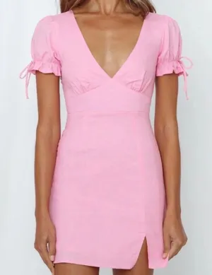 Hello Molly Pink Mini Dress Women's Size M V Neck Coquette Linen Cotton thumbnail 1