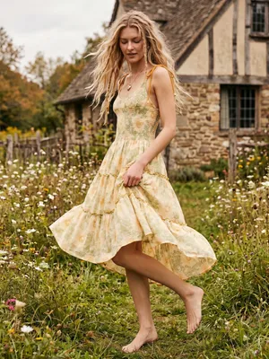 Free People Bohemian Dainty Cottage Adriel Tiered Midi Dress Ivory Floral Small thumbnail 6