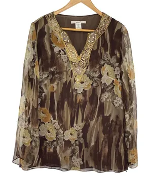 Vintage Edwards Floral 100% Silk Beaded Sheer Top Size L Forest Fairy Whimsigoth thumbnail 1