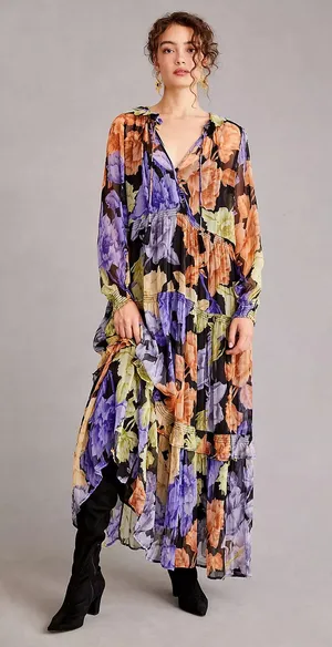 Anthropologie The Marais Printed Chiffon Ruffle Tiered Long Sleeve Maxi Dress XS thumbnail 1