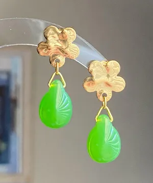 Handmade green opal teardrop Czech glass beads & gold tone stainless steel flower dangle earrings thumbnail 1
