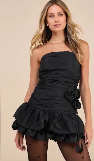 Zemeta Black Rose Strapless Ruched Rosette Bubble Mini Dress XS 3D thumbnail 1