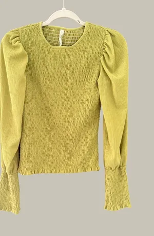 By Anthropologie Smocked Puff Sleeve Top Chartreuse Green Long Sleeve Small thumbnail 1