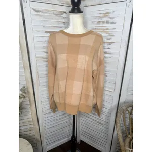 MADEWELL Women's XL Merinol Wool Windowpane Plaid Pullover Sweater Camel Tan thumbnail 3