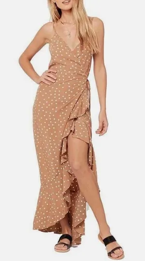 L*Space Polka Dot‎ Wrap Dress Tan Ruffle Maxi Dress Size M thumbnail 1