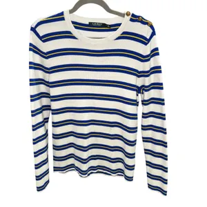 Lauren Ralph Lauren White Blue Yellow Striped‎ Cotton Sweater XL Gold Buttons thumbnail 4