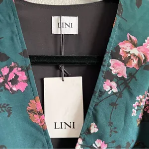 LINI Isabelle Floral Mini Dress Teal Pink Puff‎ Long Sleeve V-Neck Fit & Flare thumbnail 5