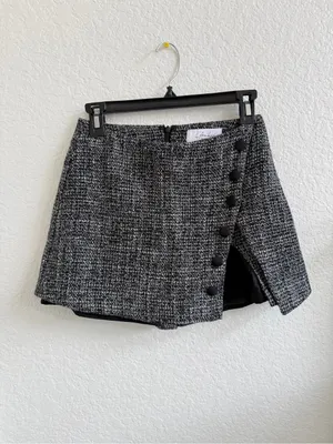 L’Academie Revolve Tweed Mini Skirt Skort with Side Button Detail Black White XS thumbnail 2