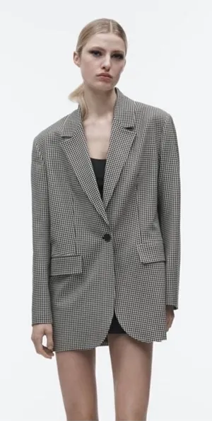 Zara Black and White Gingham Blazer with Shoulder Pads thumbnail 1