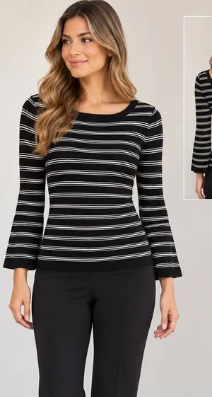 White‎ House Black Market Convertible Stripe Sweater Black White Large Office thumbnail 1
