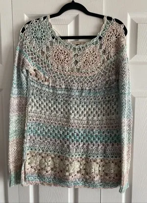 Free People Crochet Knit Sweater Womens Size S Pastel Boho Open Weave Pullover‎ thumbnail 1