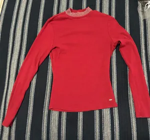 GUESS Red Rhinestone Mock Neck Top - Size S thumbnail 1