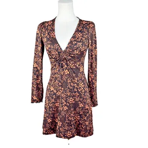 Altar'd State XS Black Orange Deep V Neck Long Sleeve Mini Dress Indie Skater thumbnail 2