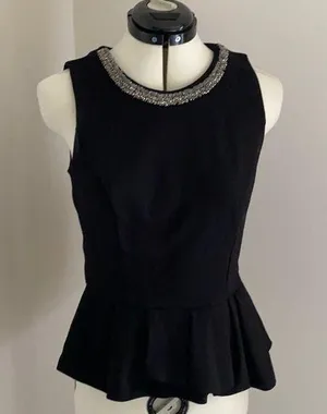 White House | Black Market Black Peplum Beaded High Neck Tank Top thumbnail 1