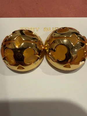 Tory Burch | Shiny Gold Logo Medallion Cutout Dome Earrings thumbnail 2
