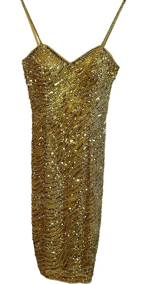 VTG Nite Line AJ Bari Gold Beaded Silk Dress Sweetheart Evening Gown 4 Trophy thumbnail 1