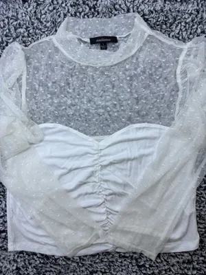 White Coquette Romantic Swiss Dot Mesh Long Sleeve Ruched Sweetheart Crop Top Size L thumbnail 2
